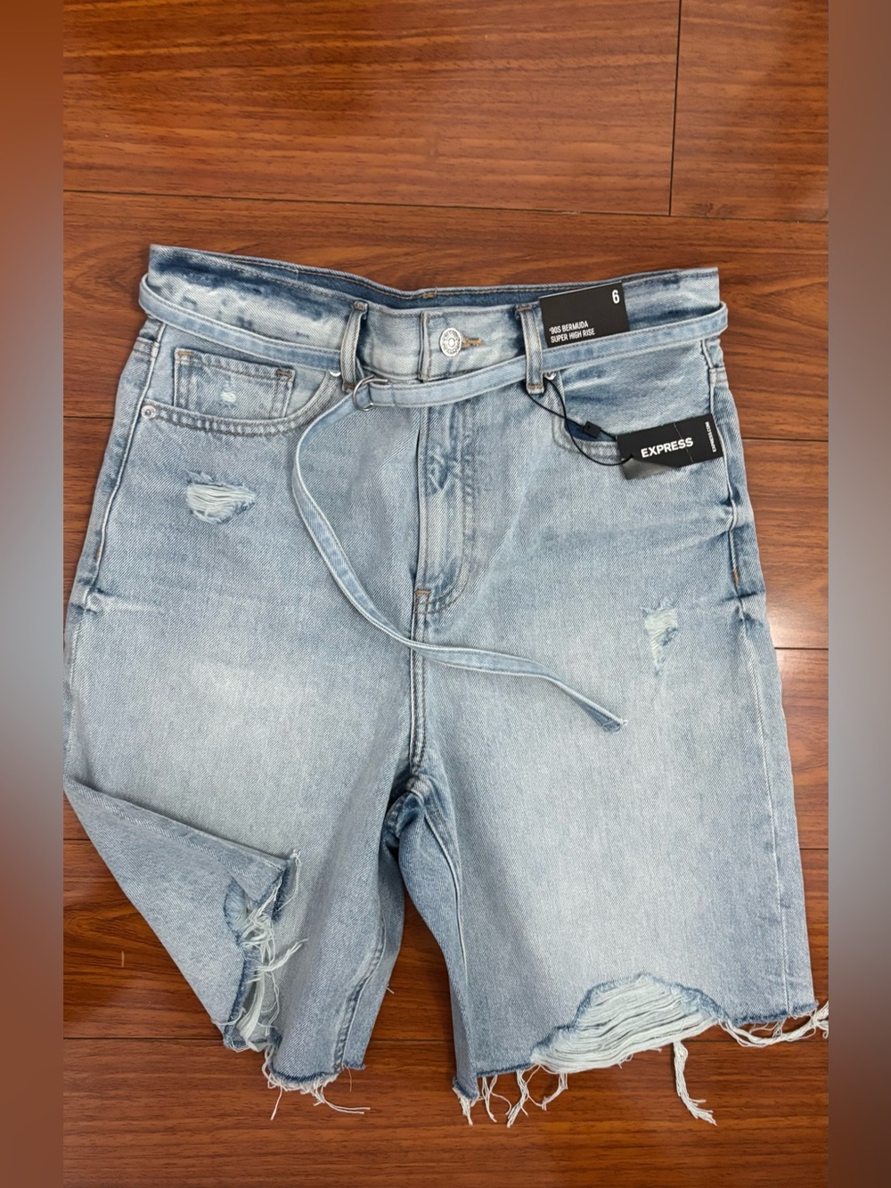 Express Light Blue Distressed Denim Bermuda Shorts